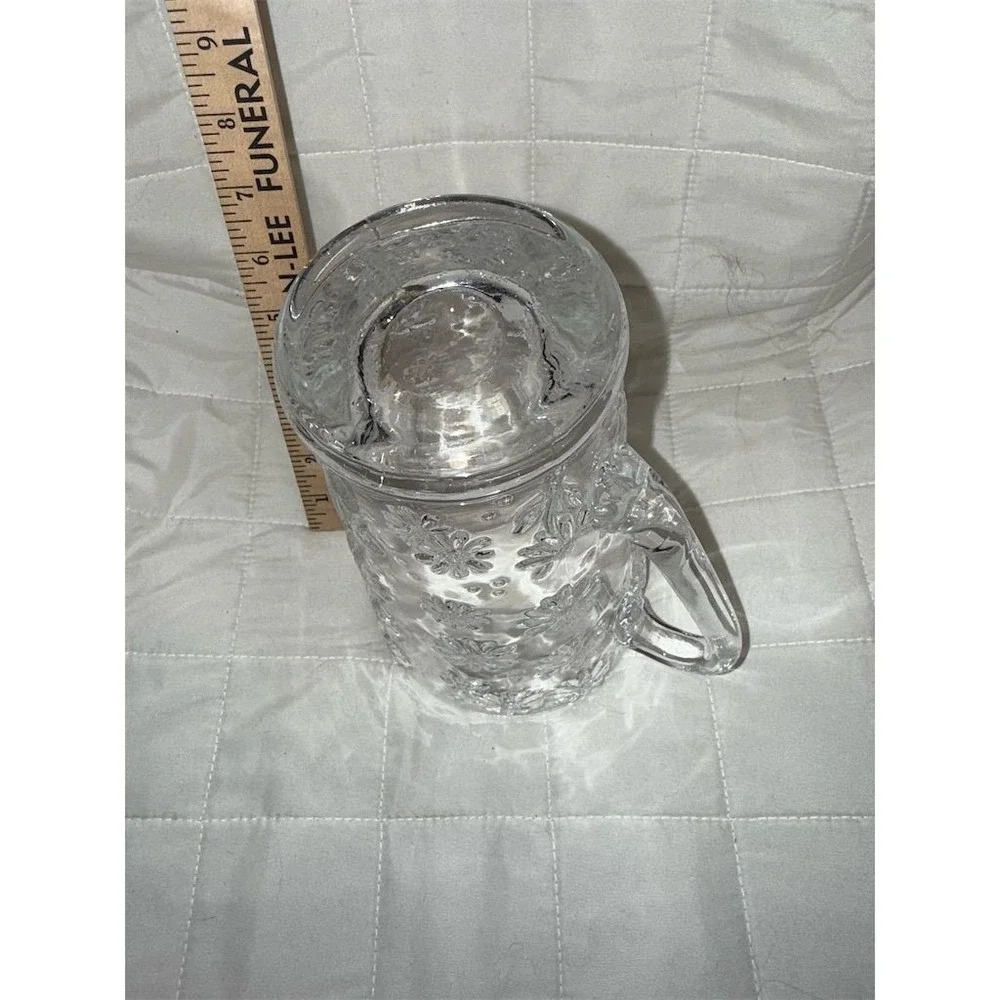 Vtg Embossed Daisy Glass Pitcher Clear Floral Design 7.25